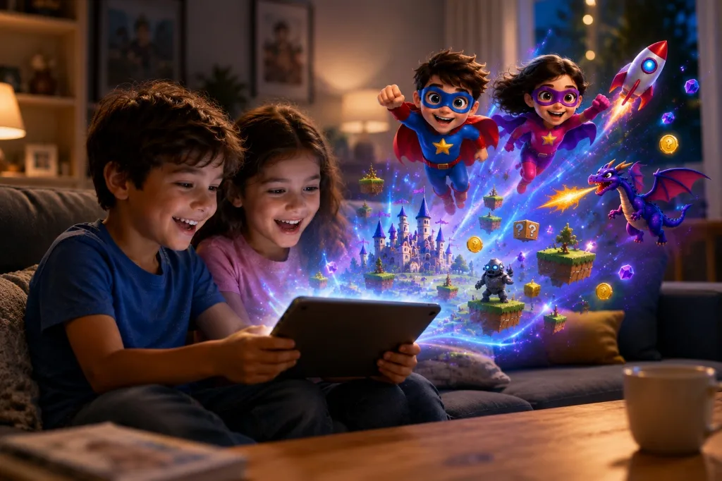 Children playing custom video game starred as heroes